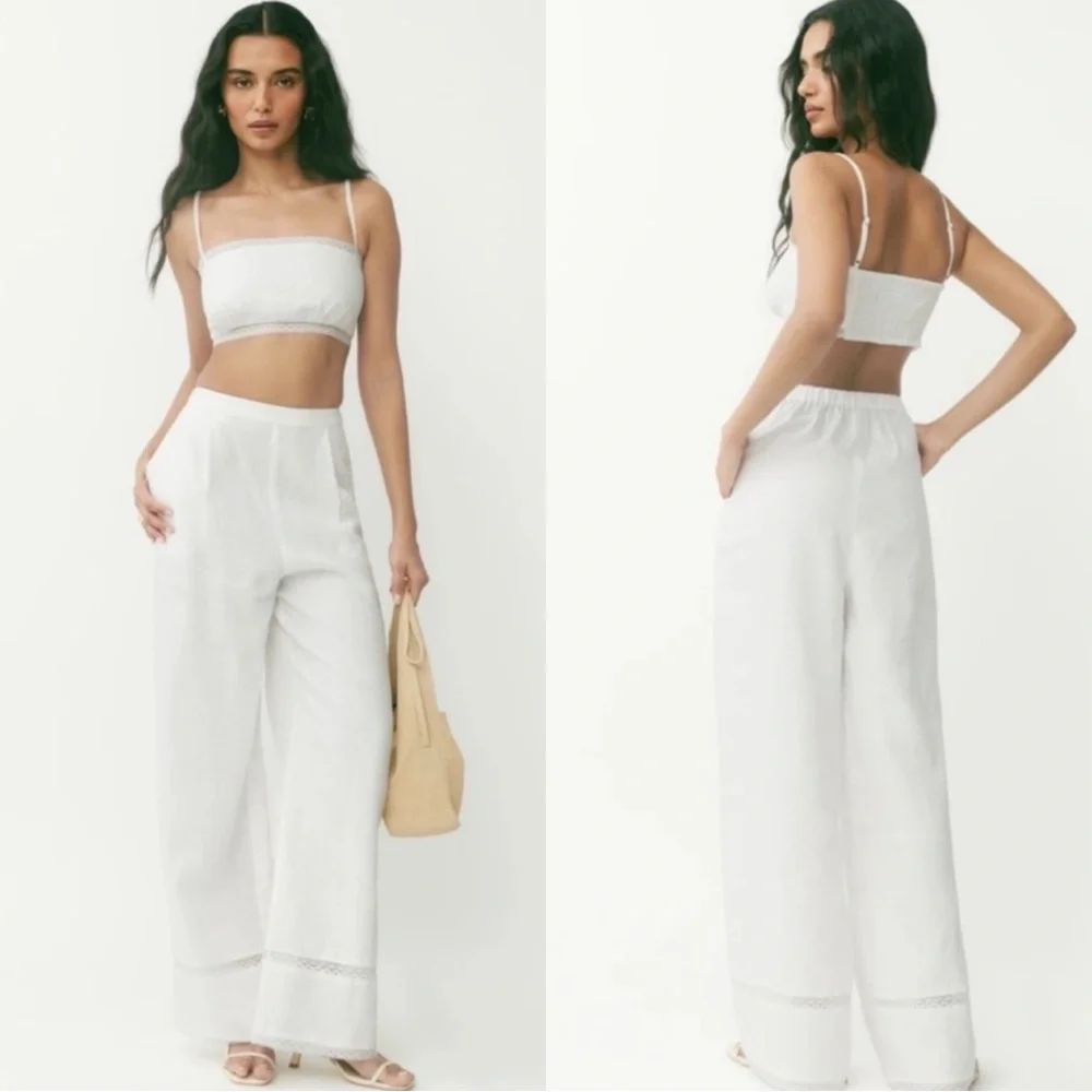 NEW REFORMATION Violet White Linen Lace Wide Leg Pants Trousers